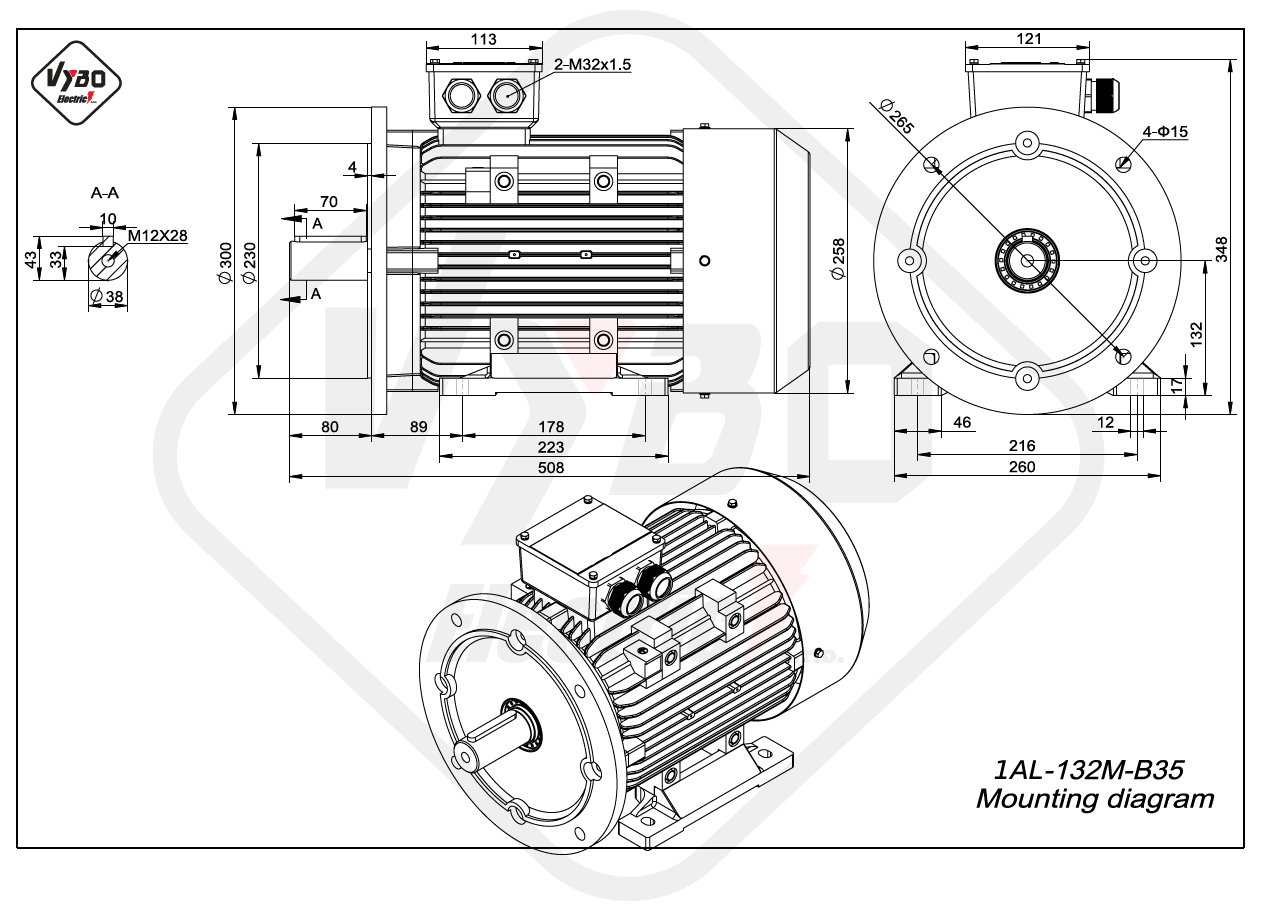 rozmerový výkres elektromotor 1AL 132M B35 online
