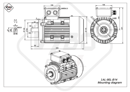 rozmerový výkres elektromotor 1AL 90L B14 online