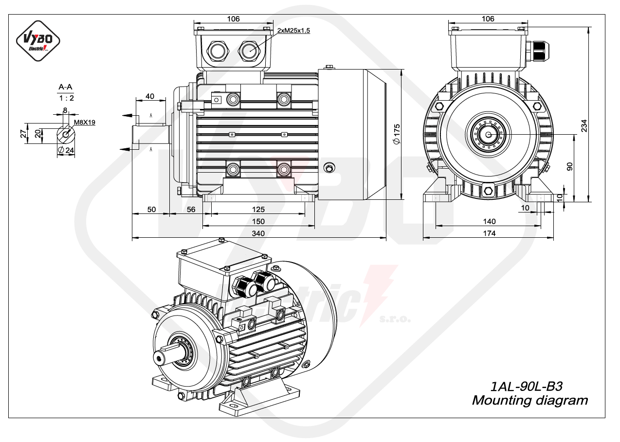 Elektromotor 1,5 KW 230V 1400 U/MIN elektro motor Drehstrommotor 19mm welle  