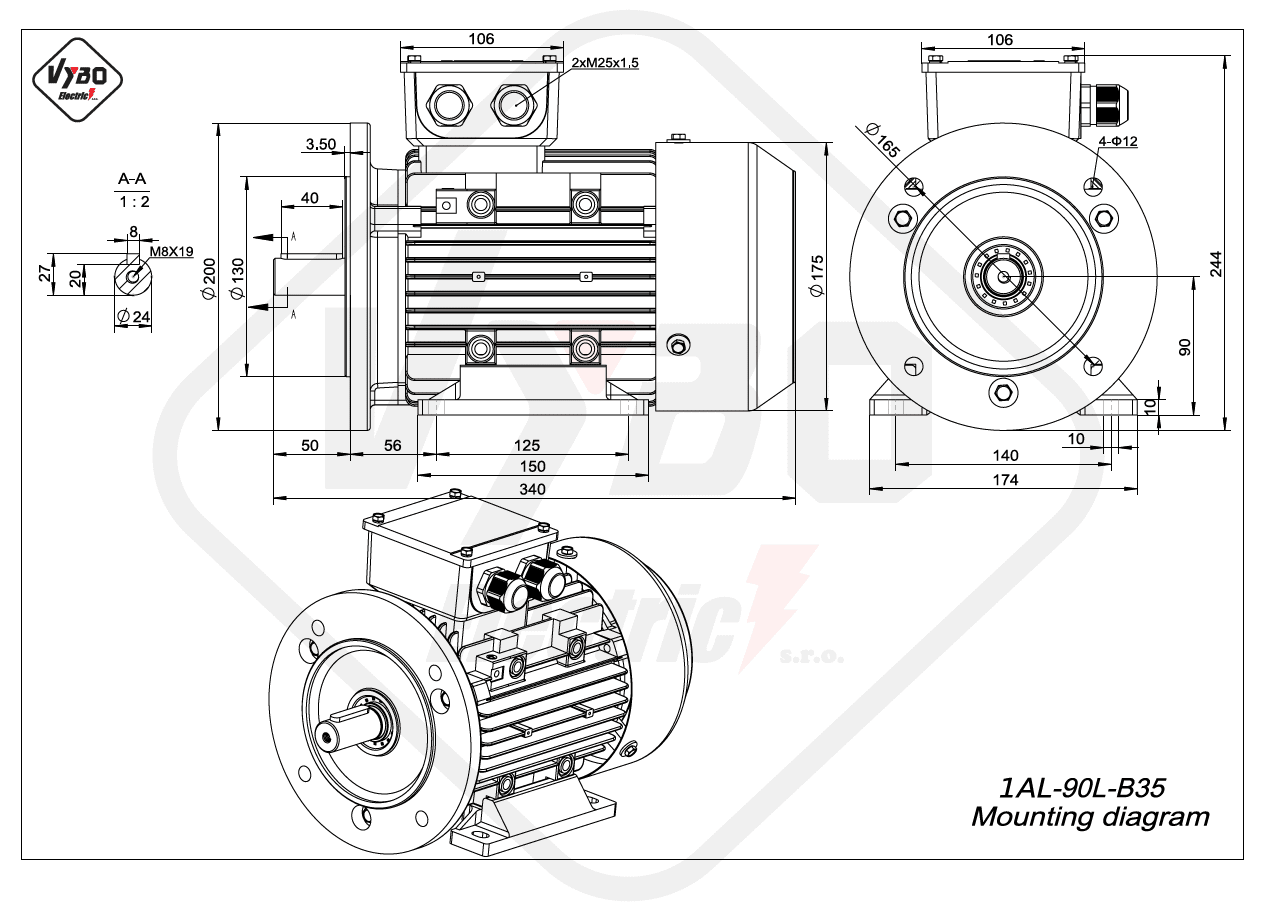 rozmerový výkres elektromotor 1AL 90L B35 online