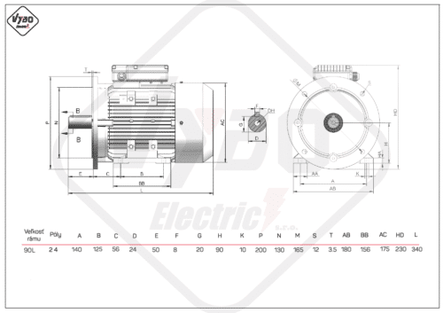 rozmerový výkres jednofázové elektromotory 90L