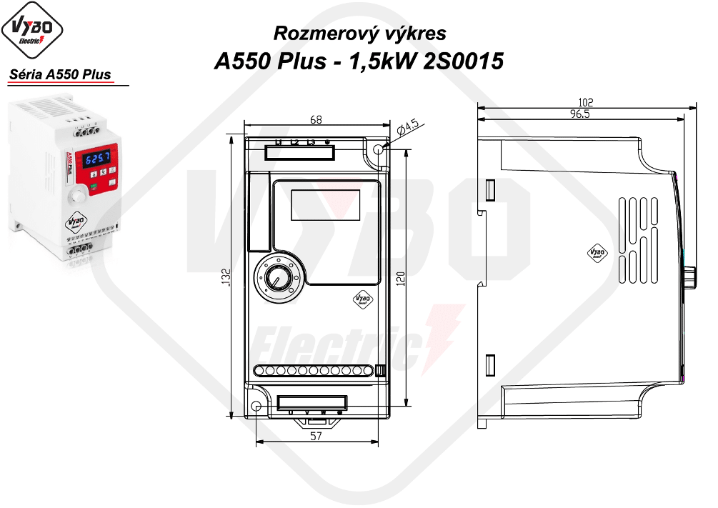 rozmerový výkres frekvenčný menič A550 Plus model 2S0015