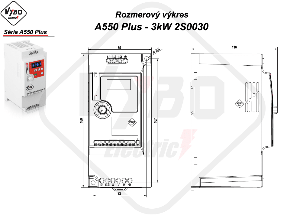 rozmerový výkres frekvenčný menič A550 Plus model 2S0030