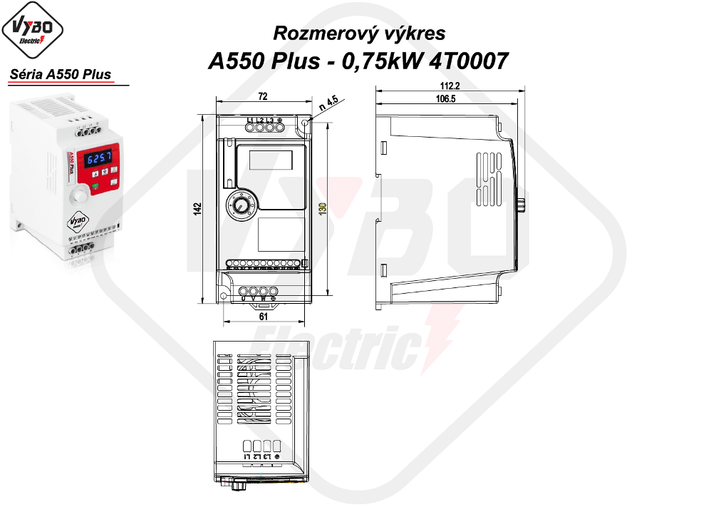 rozmerový výkres frekvenčný menič A550 Plus 4T0007