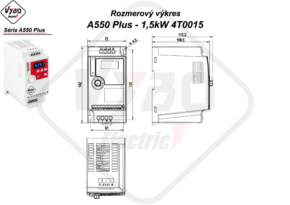 rozmerový výkres frekvenčný menič A550 Plus 4T0015