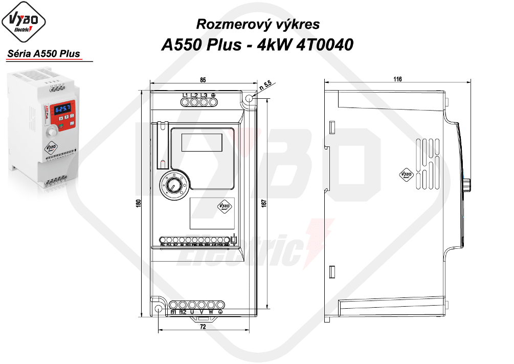 rozmerový výkres frekvenčný menič A550 Plus 4T0040