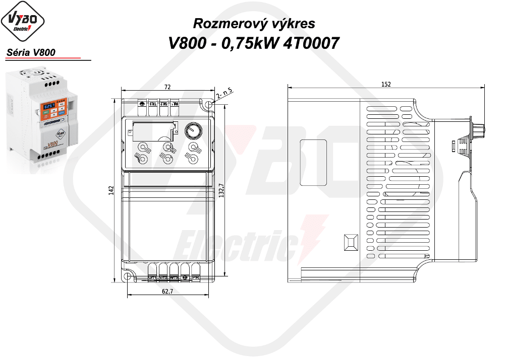 rozmerový výkres frekvenčný menič V800 model 4T0007