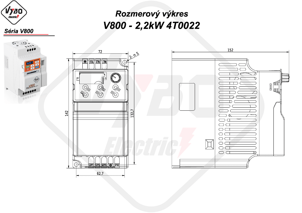 rozmerový výkres frekvenčný menič V800 model 4T0022