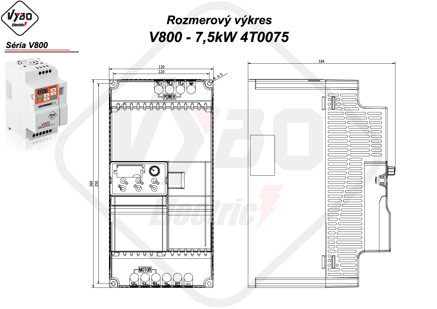 rozmerový výkres frekvenčný menič V800 model 4T0075