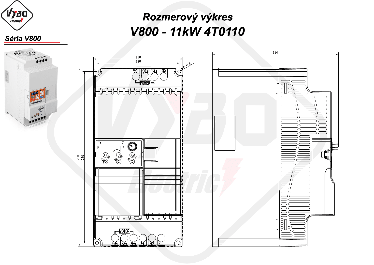 rozmerový výkres frekvenčný menič V800 model 4T0110