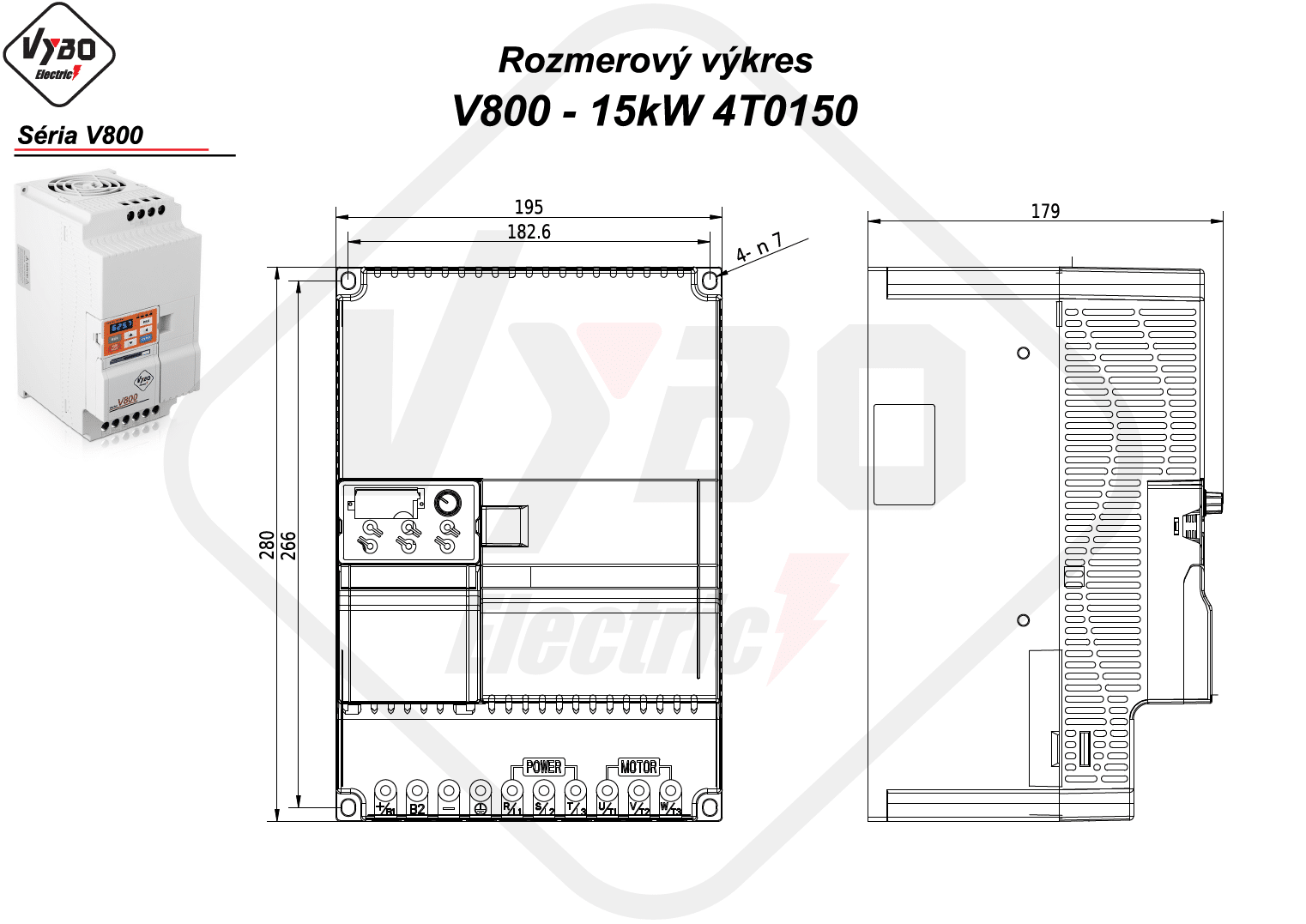 rozmerový výkres frekvenčný menič V800 model 4T0150