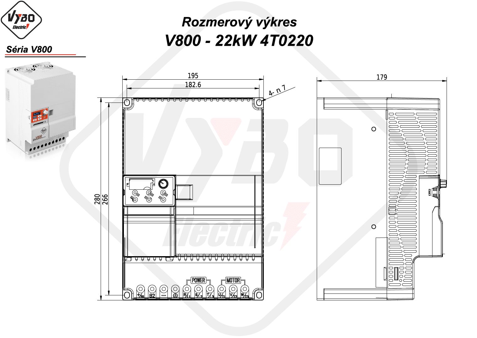 rozmerový výkres frekvenčný menič V800 model 4T0220