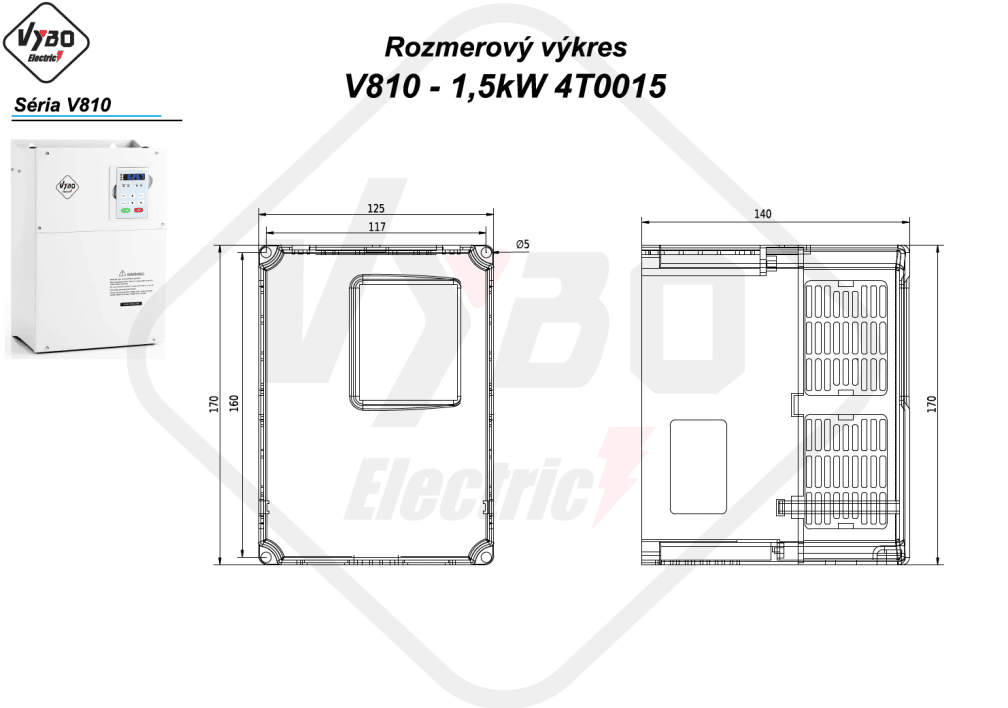 rozmerový výkres frekvenčný menič V810 1,5 kW 4T0015