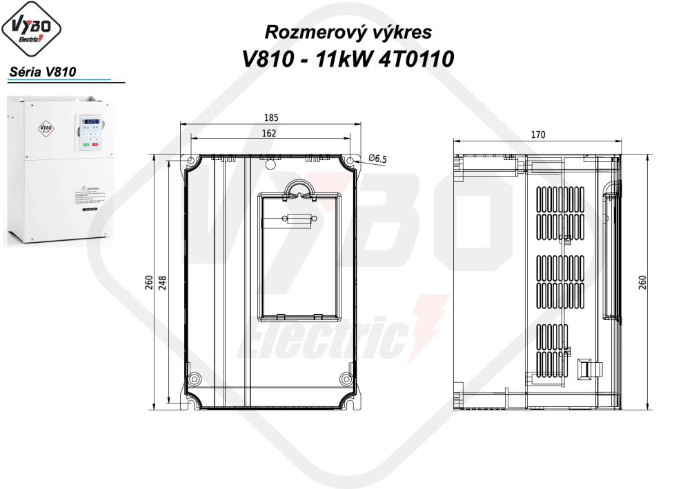 rozmerový výkres frekvenčný menič V810 11 kW 4T0110