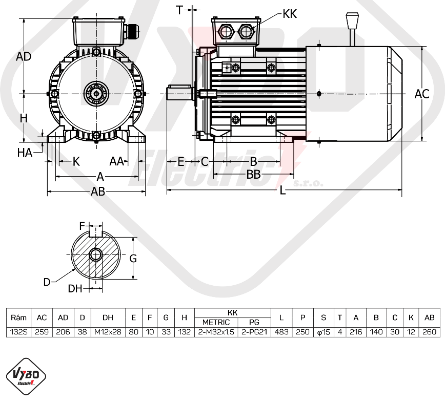 rozmerový výkres elektromotor s brzdou 3kw 1ALBR132S-6