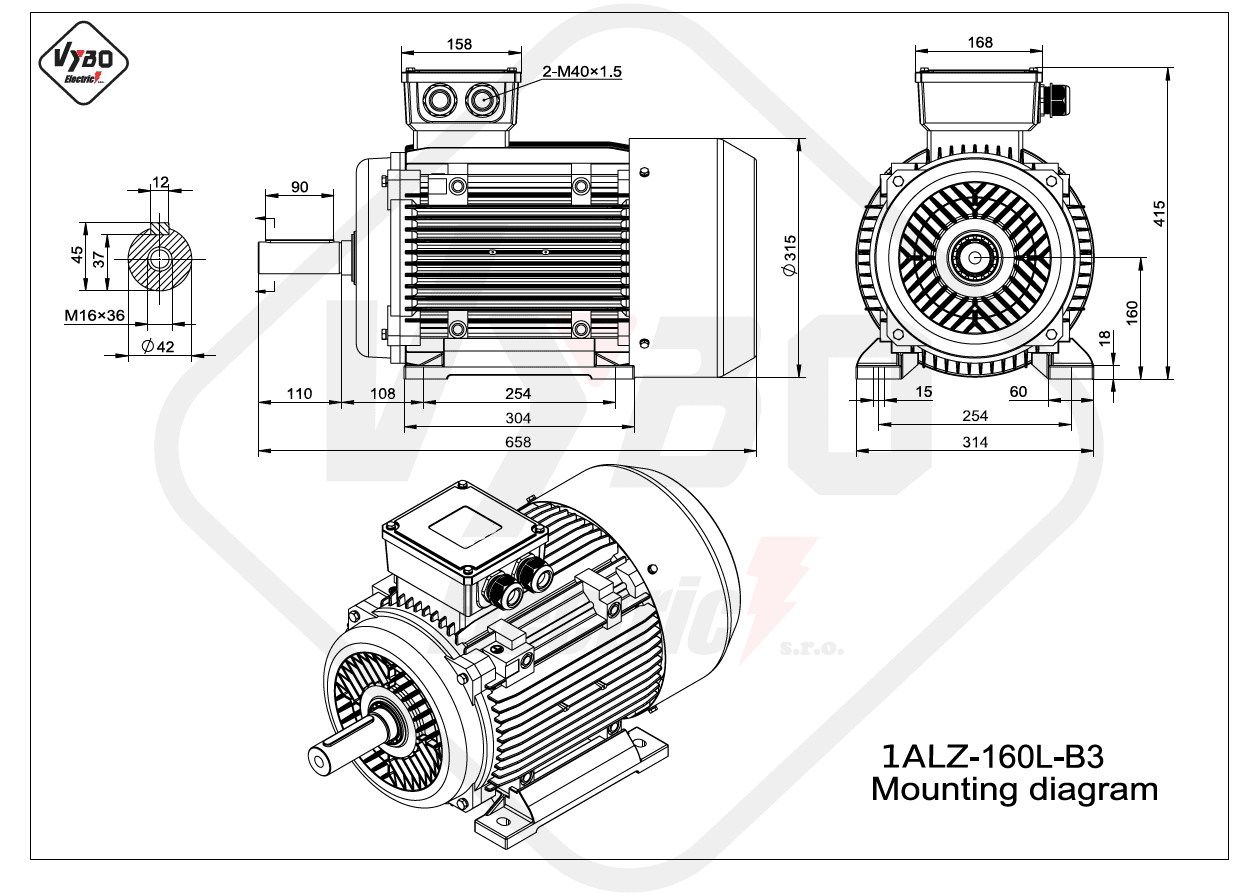 rozmerový výkres elektromotor 1ALZ 160L B3