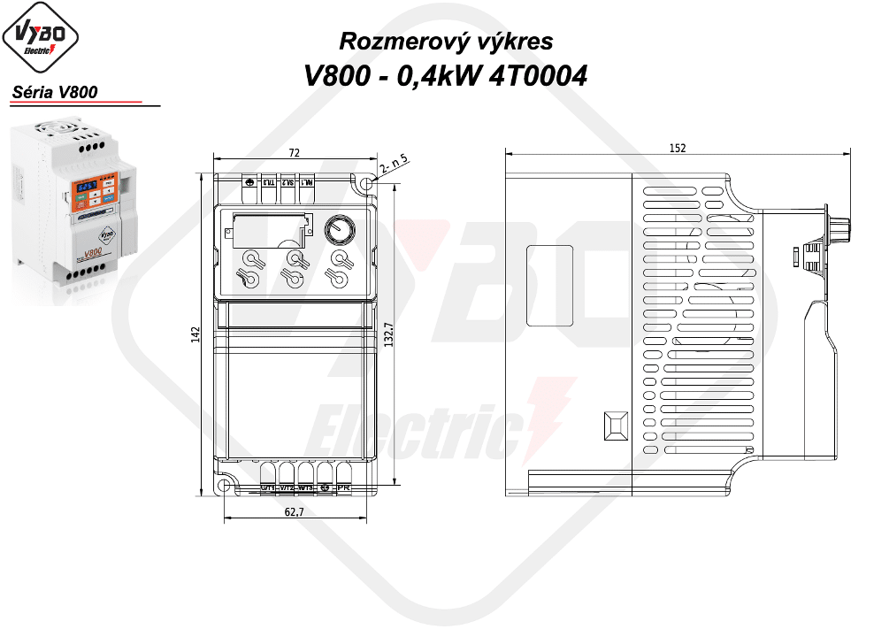 rozmerový výkres frekvenčný menič V800 model 4T0005