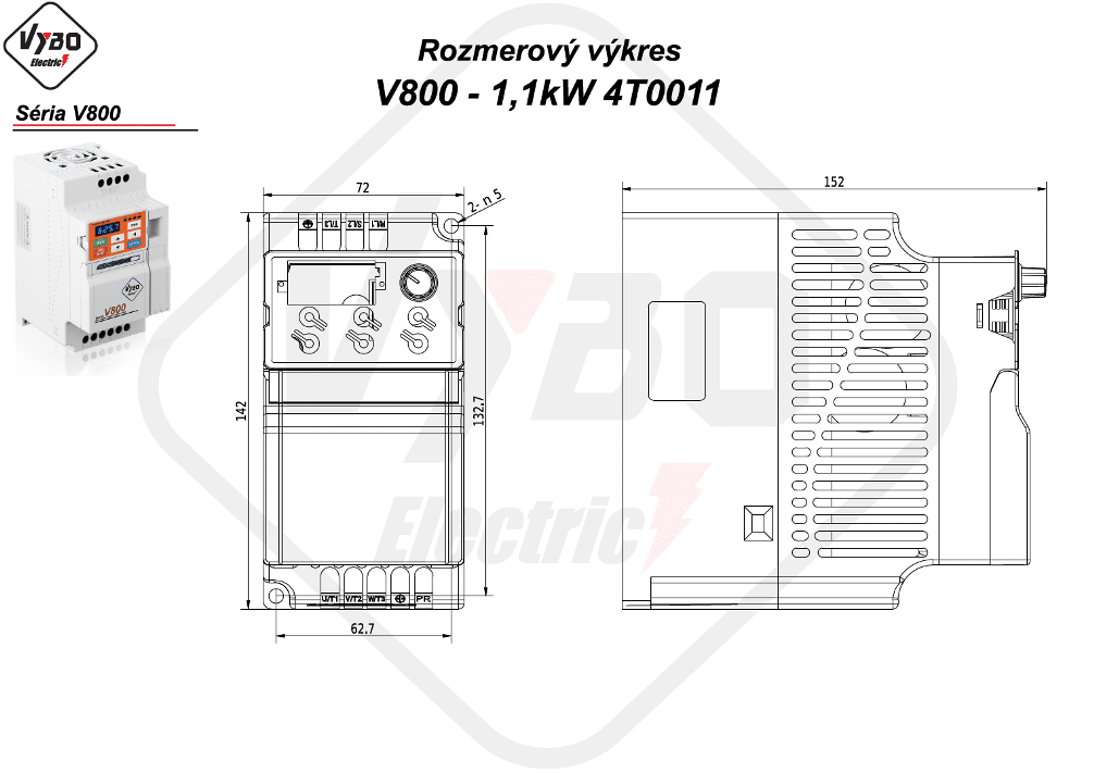 rozmerový výkres frekvenčný menič V800 model 4T0011